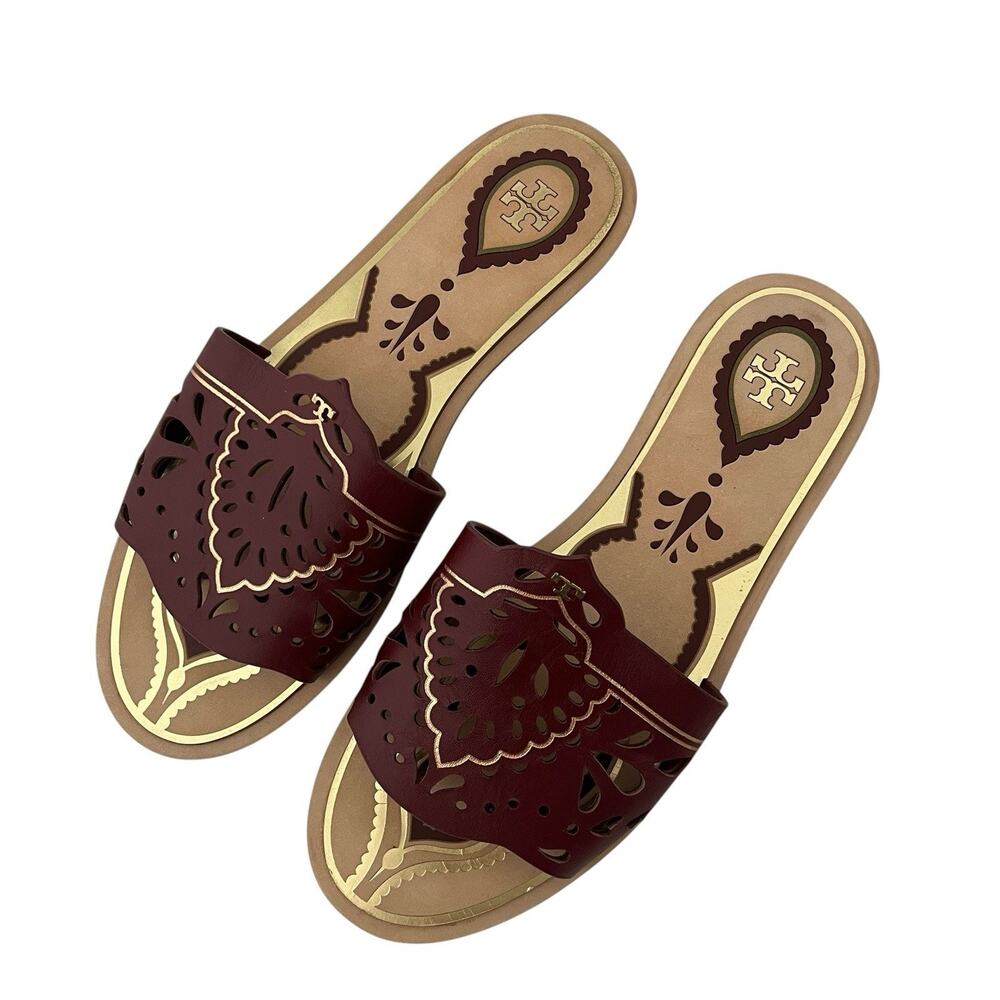 Tory Burch Annika Flat Sandals Tuscan Wine Size 7 Laser Cut Leather Slide Summer - Picture 4 of 9
